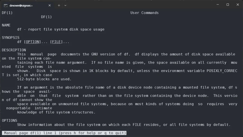 리눅스 명령어 man을 이용하여 df 명령어의  매뉴얼을 조회한 화면
